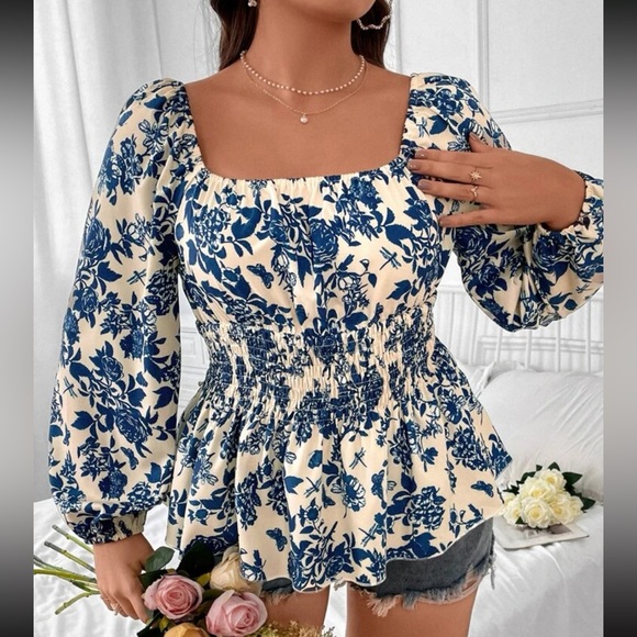 Boho black floral print square lantern sleeve blouse - Picture 5 of 15